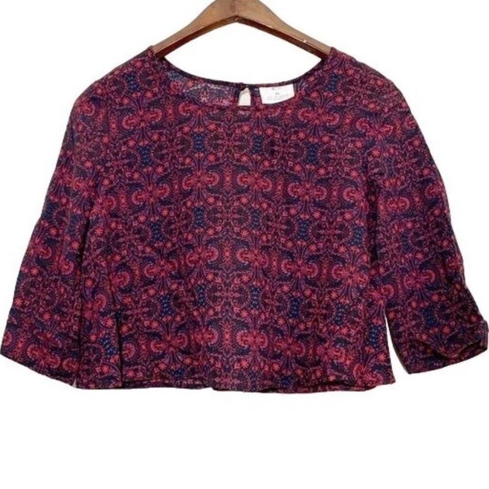 Pins and Needles Red Black Boho Crop Top Long Sleeve Patterned Peasant Blouse XS